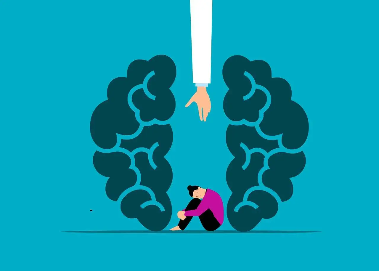 Osoba zmagająca się z ADHD, szukająca ukojenia w stimmingu, siedzi skulona wewnątrz symbolicznego mózgu. Pomocna dłoń wyciąga się ku niej.