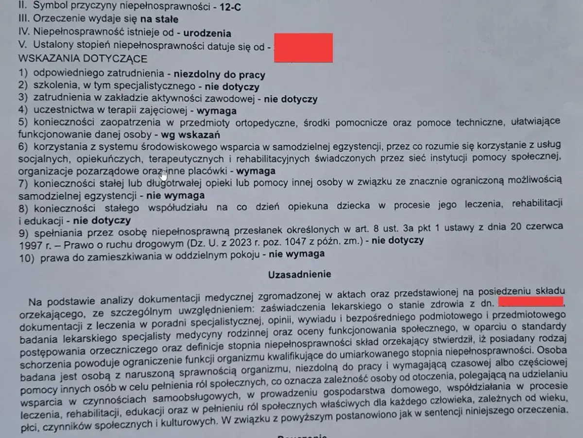 Orzeczenie o niepełnosprawności, wskazania dotyczące zatrudnienia i terapii, uzasadnienie stopnia niepełnosprawności.
