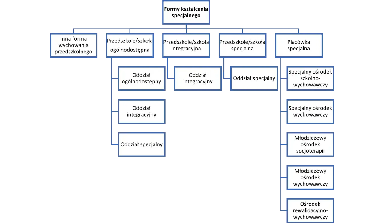 Schemat przedstawia formy kształcenia specjalnego, od przedszkoli po placówki specjalne, uwzględniając różne oddziały i ośrodki. Orzeczenie o potrzebie kształcenia specjalnego jest kluczowe dla wyboru ścieżki edukacyjnej.
