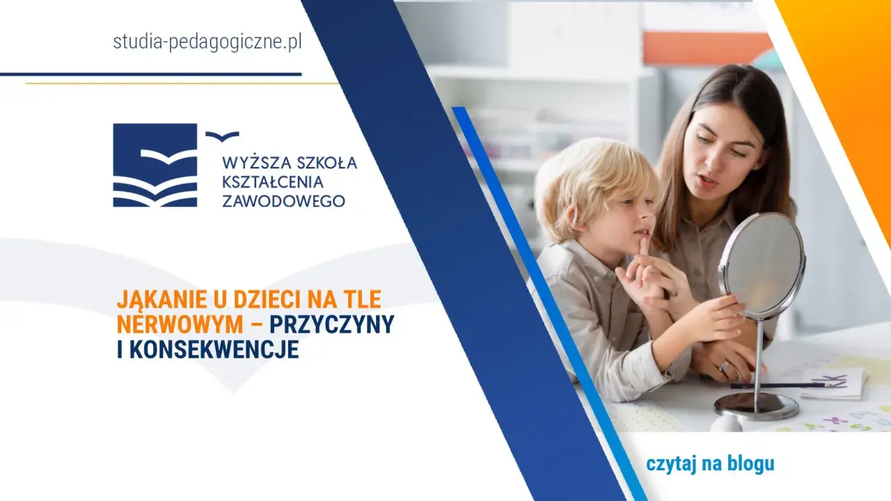Terapeutka pomaga chłopcu ćwiczyć wymowę przed lustrem, wspierając go w walce z jąkaniem na tle nerwowym.