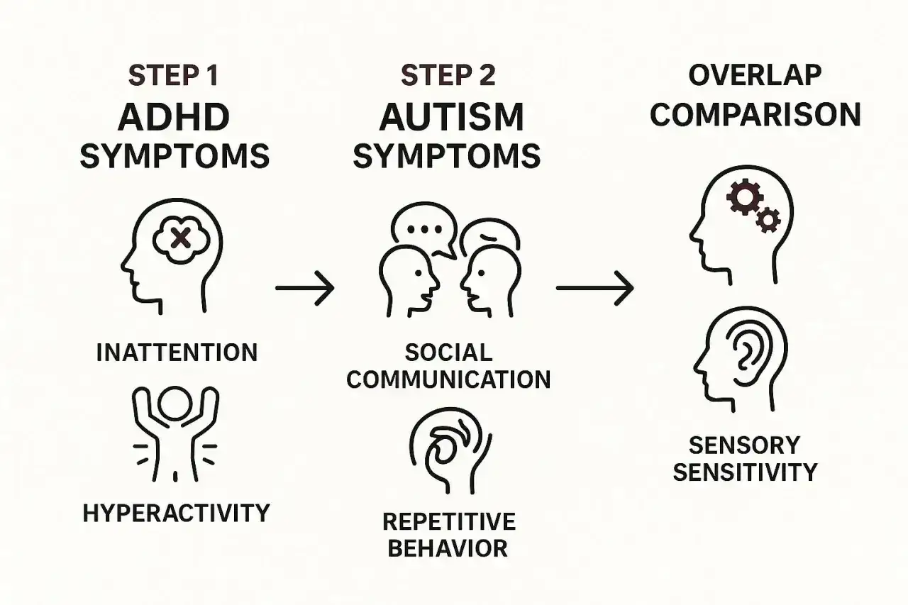 Porównanie objawów ADHD i spektrum autyzmu, w tym zespołu Aspergera u dorosłych: uwaga, komunikacja społeczna, nadpobudliwość, powtarzalne zachowania, wrażliwość sensoryczna.