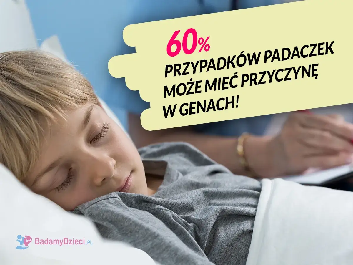 Chłopiec śpi, a tekst informuje, że 60% przypadków padaczki u dzieci może mieć przyczynę w genach.