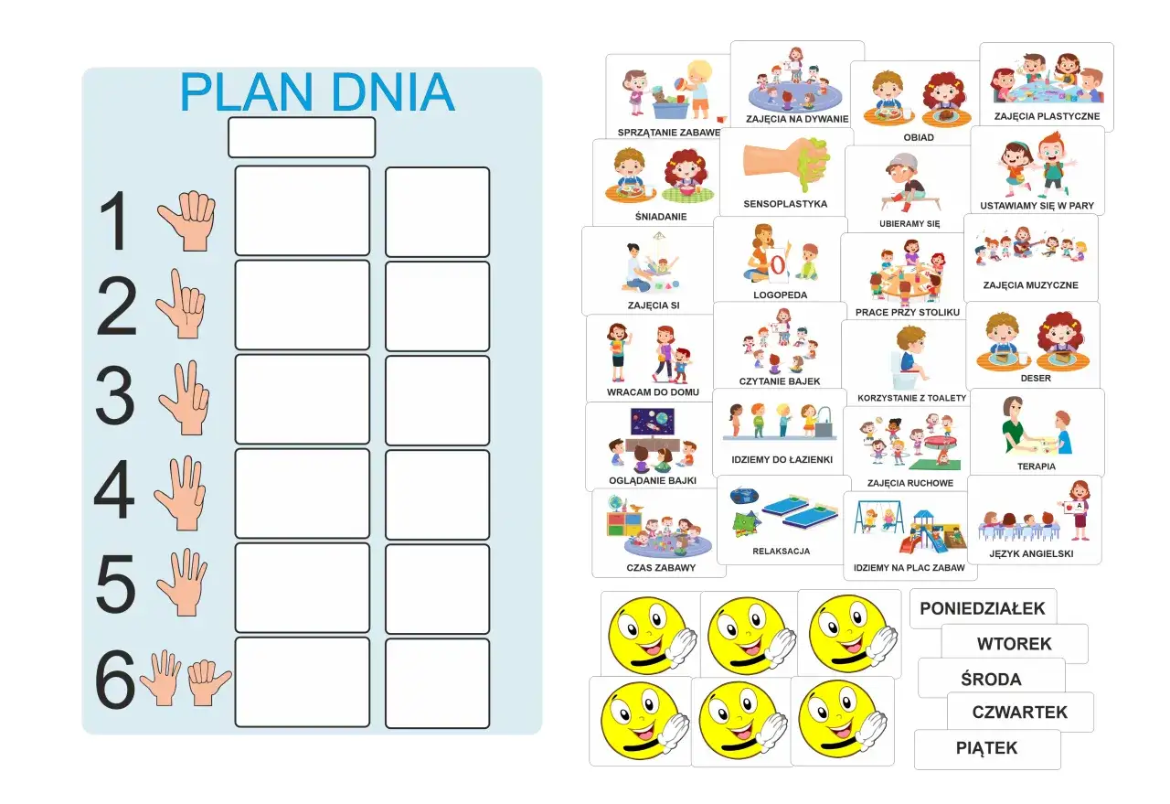 Plan dnia z piktogramami do terapii dziecka z aspergerem. Zawiera zajęcia: sprzątanie, posiłki, logopeda, terapia, język angielski i inne.