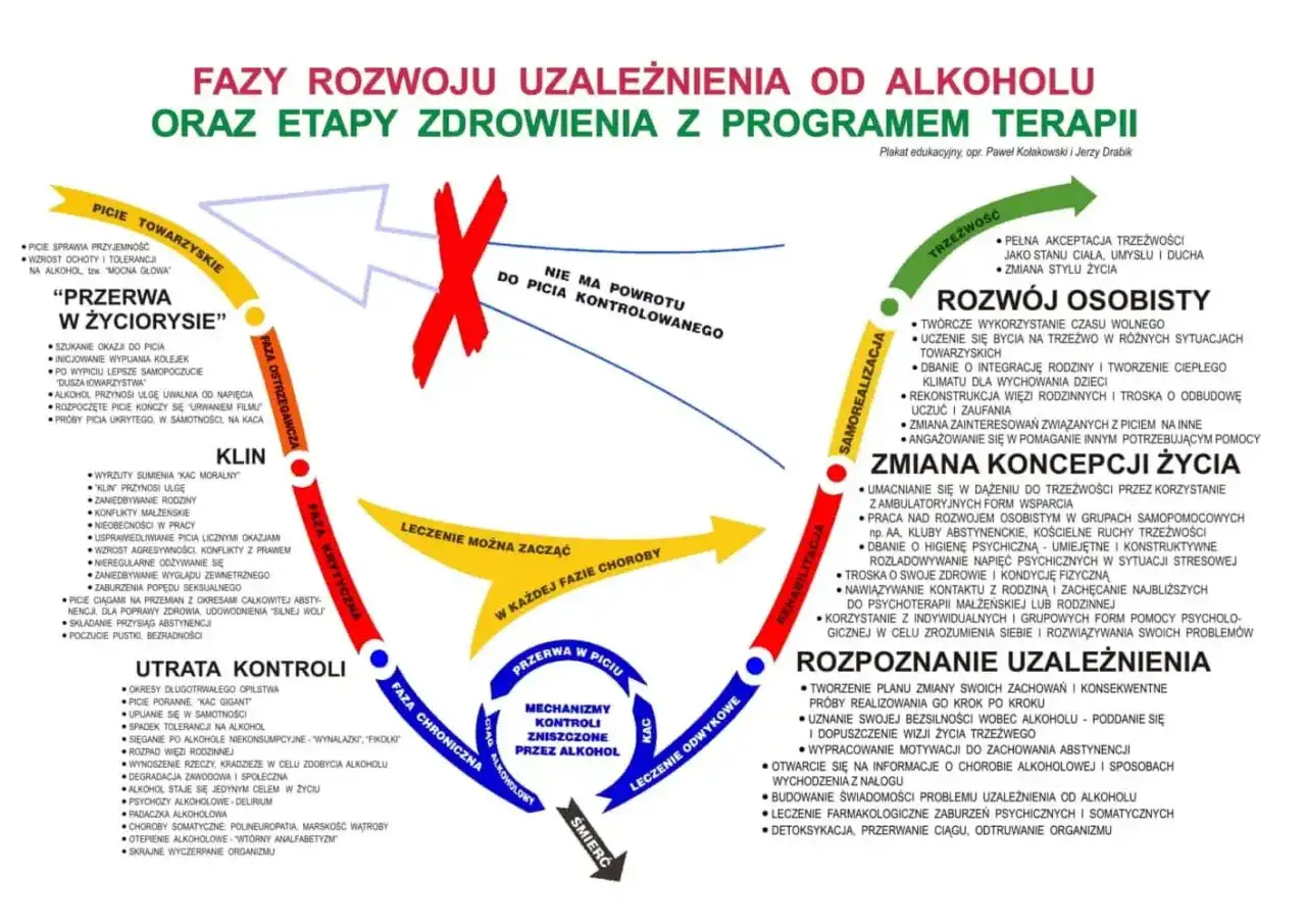 Cykl uzależnienia od alkoholu: od picia towarzyskiego, przez fazę krytyczną i utratę kontroli, aż po odstawienie alkoholu i powrót do zdrowia.