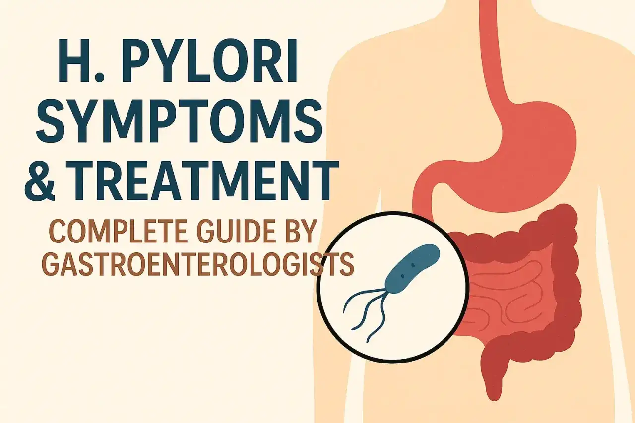 Helicobacter pylori: objawy psychiczne i leczenie. Ilustracja przedstawia układ pokarmowy i bakterie H. pylori.