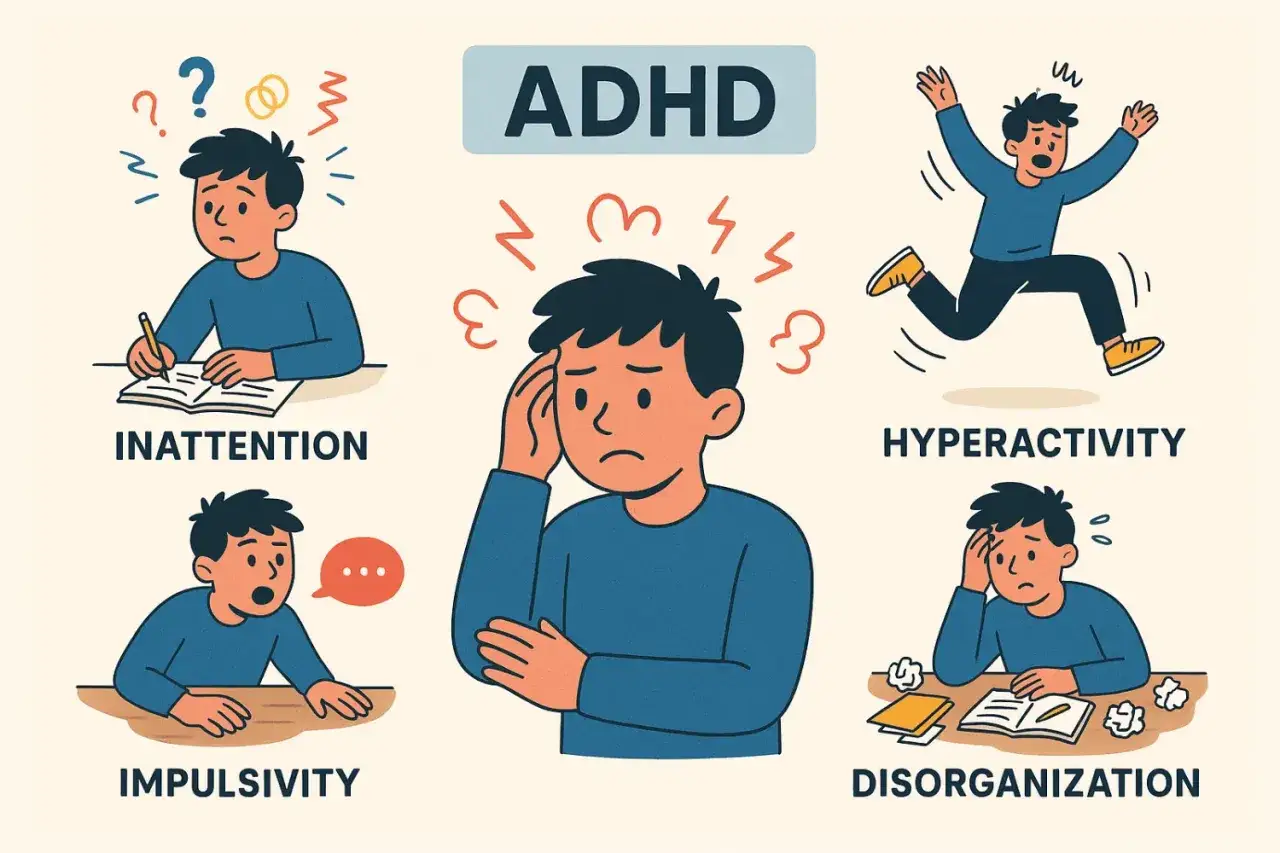 Ilustracja przedstawia spektrum ADHD: chłopiec ma problem z koncentracją, jest impulsywny, nadpobudliwy i zdezorganizowany.