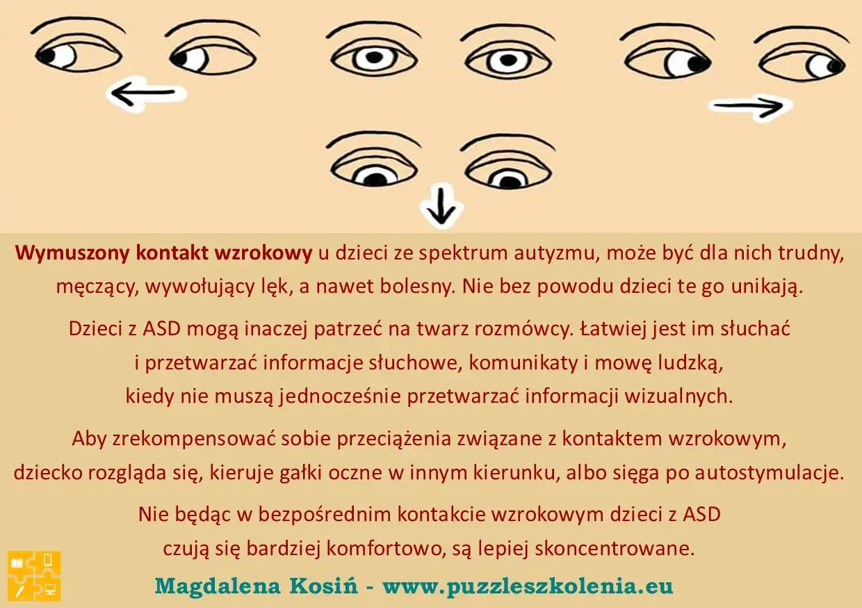 Oczy dzieci z ASD unikają kontaktu wzrokowego, co może być objawem autyzmu u 15 miesięcznego dziecka. Dziecko woli słuchać, gdy nie musi przetwarzać obrazów.