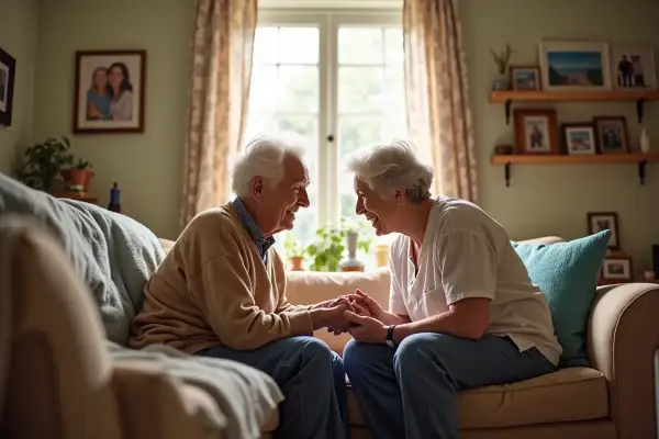 Starsza para trzyma się za ręce, śmiejąc się. Miłość i wsparcie pomagają żyć z chorobą Alzheimera.