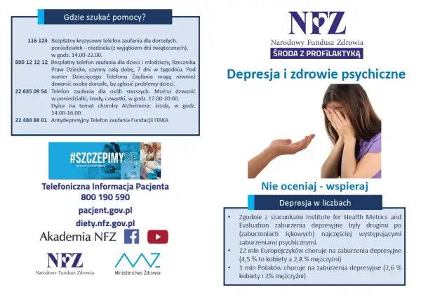 Grafika informuje o wsparciu w chorobach psychicznych, pokazując smutną kobietę i dłoń wyciągniętą w geście pomocy. Podano numery telefonów zaufania.