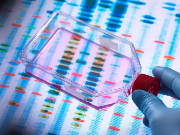 Badanie DNA w celu wykrycia mutacji genetycznych związanych z chorobą Pompego. Ręka w rękawiczce trzyma pojemnik z próbką na tle elektroforezy.