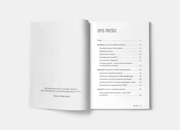 Spis treści książki o autyzmie. Rozdziały omawiają spektrum autyzmu, diagnozę, aspekty prawne i neuroróżnorodność.