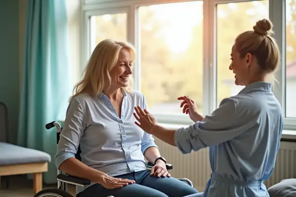 Uśmiechnięta kobieta na wózku inwalidzkim rozmawia z opiekunką. Po udarze móżdżku można żyć pełnią życia.