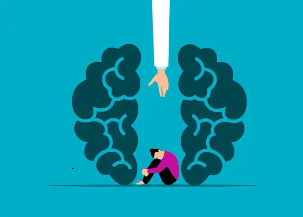 Osoba zmagająca się z ADHD, szukająca ukojenia w stimmingu, siedzi skulona wewnątrz symbolicznego mózgu. Pomocna dłoń wyciąga się ku niej.