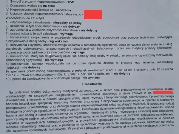Orzeczenie o niepełnosprawności, wskazania dotyczące zatrudnienia i terapii, uzasadnienie stopnia niepełnosprawności.