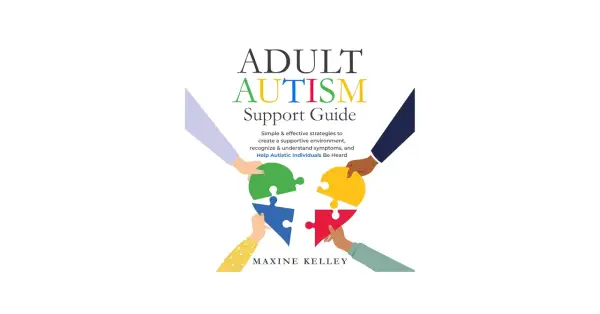 Okładka "Adult Autism Support Guide" z puzzlami tworzącymi głowę, symbolizującymi myślenie autystyczne.