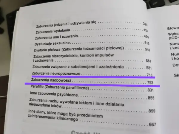 Spis treści podręcznika DSM 5 kryteria diagnostyczne, wyróżniono "Zaburzenia osobowości".
