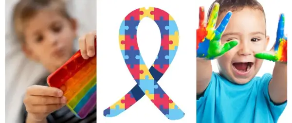 Dziecko bawi się kolorową zabawką, symbol wstążki z puzzli i radosny chłopiec z pomalowanymi dłońmi. Odkrywamy zalety autyzmu.