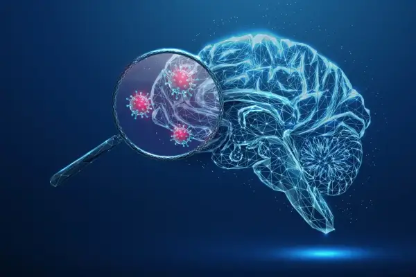 Siatka mózgu pod lupą, ukazująca wirusy. Symbolizuje opryszczkowe zapalenie mózgu.