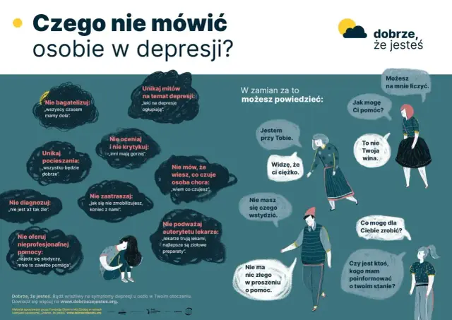 Ilustracja pokazuje, czego nie mówić osobie z objawami depresji, i co zamiast tego powiedzieć.