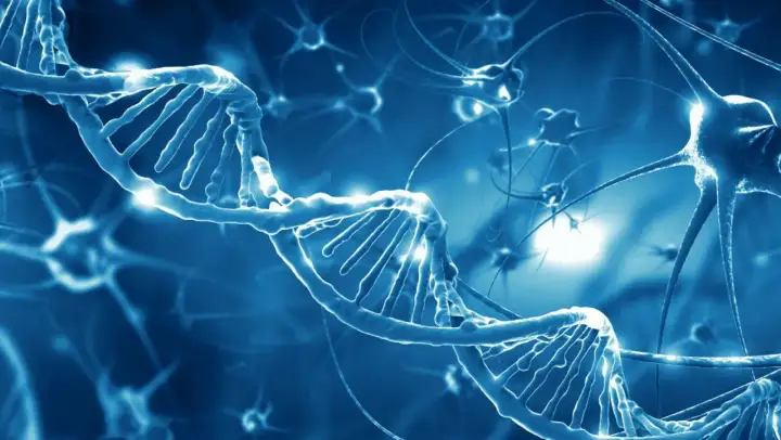 Błękitna, świecąca helisa DNA i neurony. Obraz symbolizuje badania nad chorobą Taya Sachsa i jej genetycznymi przyczynami.